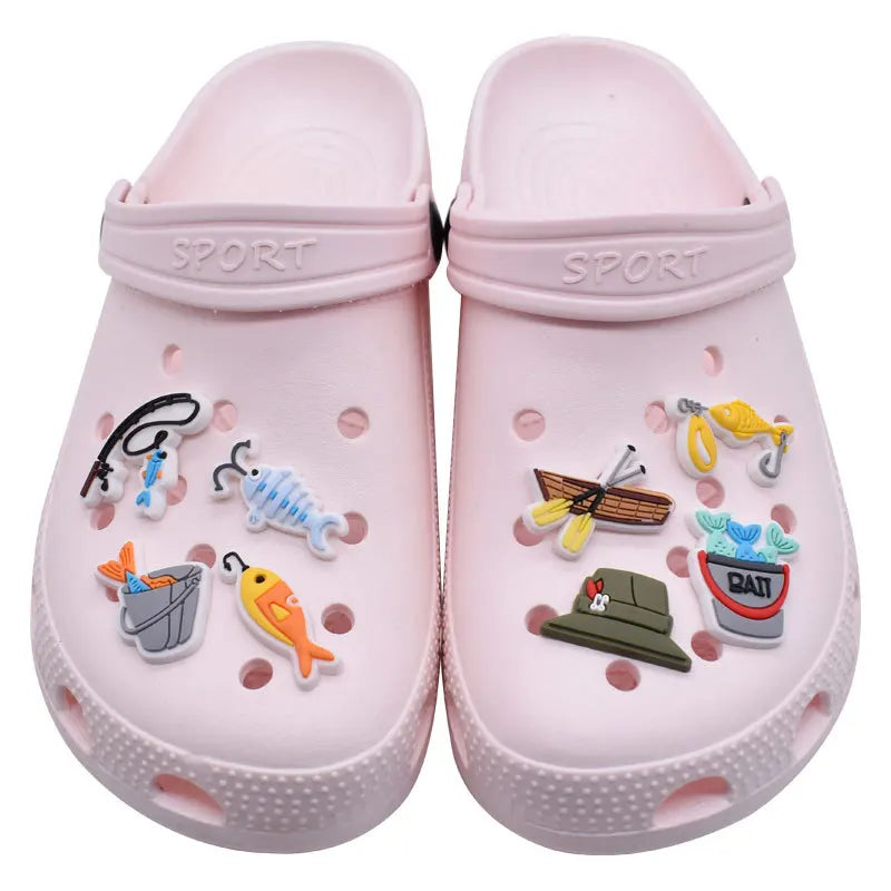 go fishing series PVC shoe Charms Slippers Buckle combination Fit Wristbands accessories Decoration Bands gift unisex party