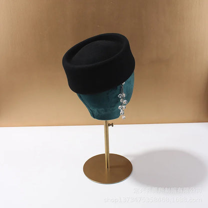 Women Wool Felt Berets Hat Vintage Hard Top Concave Top Fedoras Hats Wedding Fascinator Hats Wedding Cocktail Party Pillbox Cap