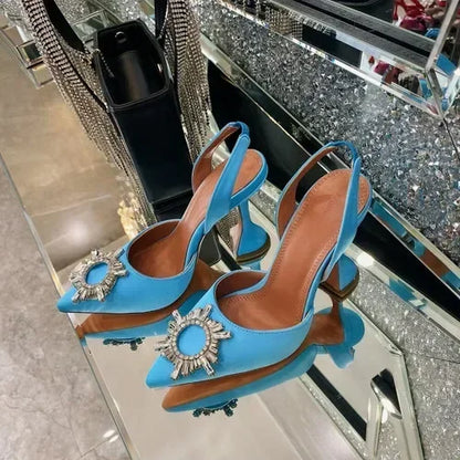 2026 Spring Autumn EU US Satin Slingback Women Sandals Pointed Flared Heels Sun Rhinestone Crystal Wedding Party Dress Heels