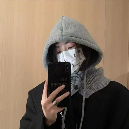 Knitted Hooded Caps Winter Balaclava Hats Women Korean Style Outdoor Warmer Drawstring Hats One-piece Neck Collar Beanies Cap