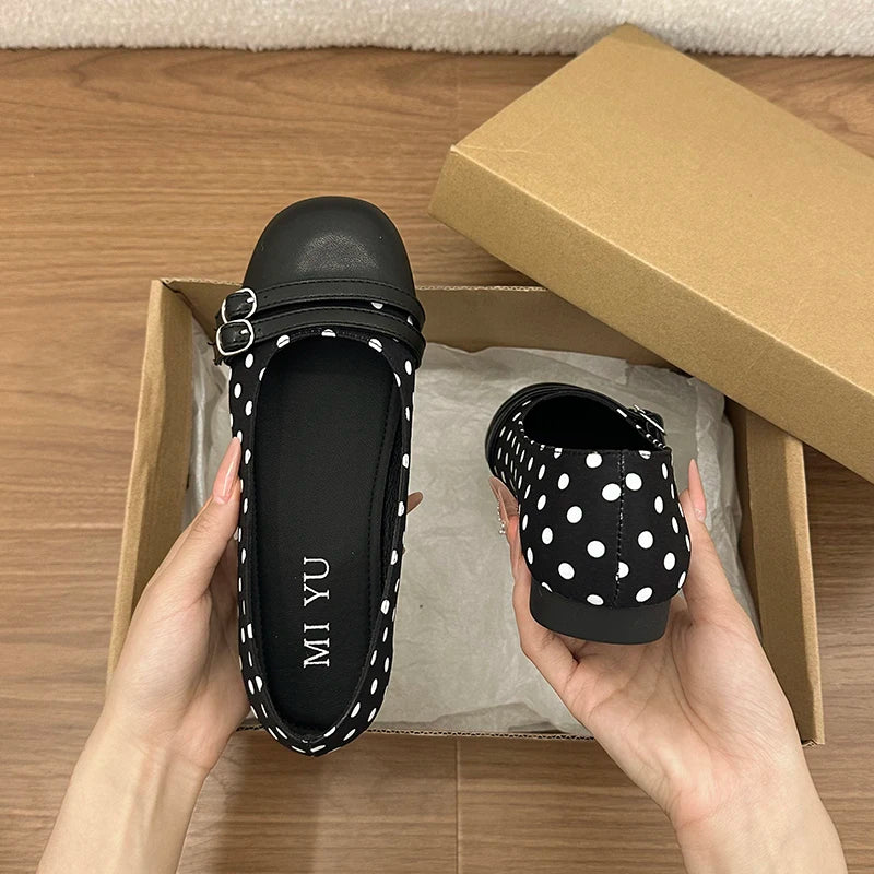 Polka Dot Women Ballet Flats Comfortable Round Toe Slip On Shoes 2026 New Spring Autumn Vintage Ladies Dress Mary Jane Shoes
