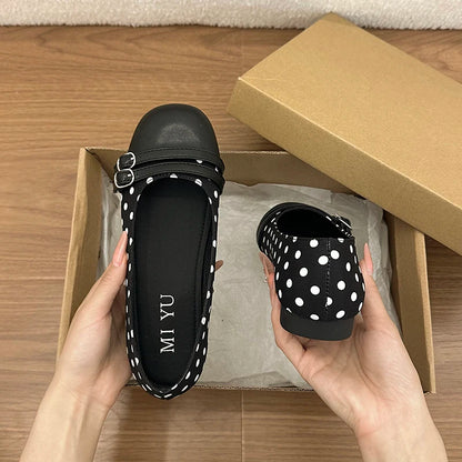 Polka Dot Women Ballet Flats Comfortable Round Toe Slip On Shoes 2026 New Spring Autumn Vintage Ladies Dress Mary Jane Shoes