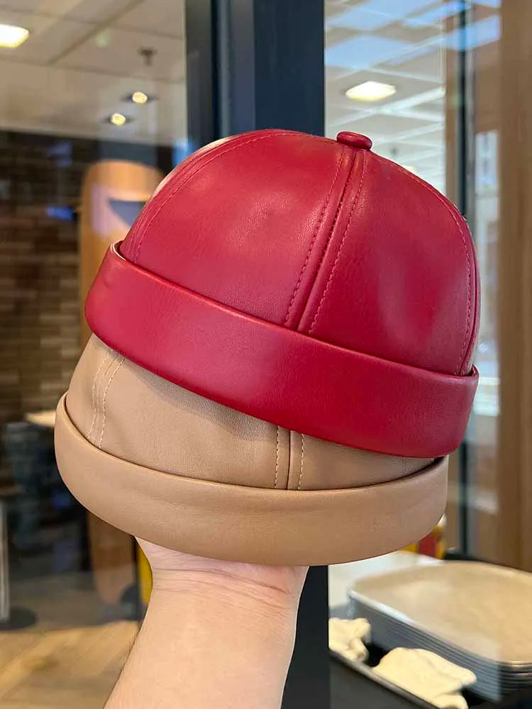 Spring and summer vintage leather landlord hat with adjustable hip hop and brimless melon skin hat suitable for men and women