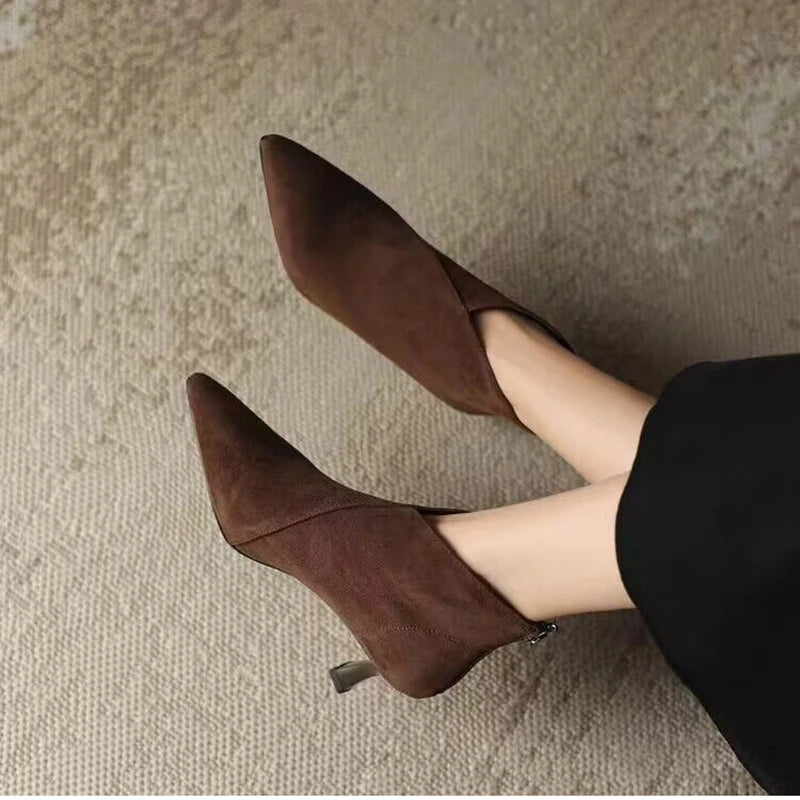 Vintage Pointed Toe Women Ankle Boots Fashion Elegant Back Zippers Short Booties Autumn Winter Ladies Concise High Heels Shoes