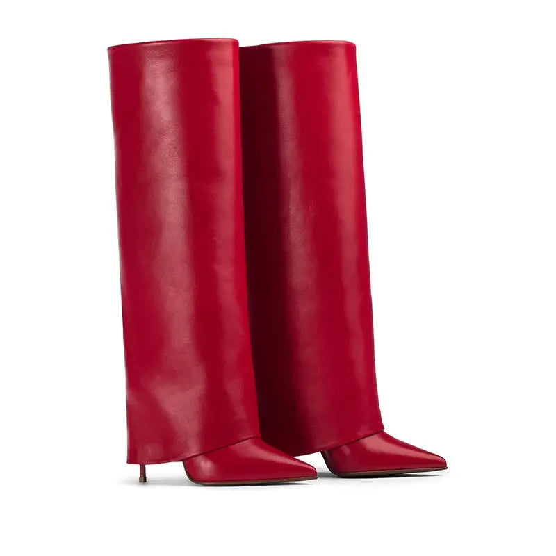 Autumn and Winter New Women's Knee High Leather Boots, Pointed Thin High-heeled Skirt Boots, Black Plus Size Long Boots
