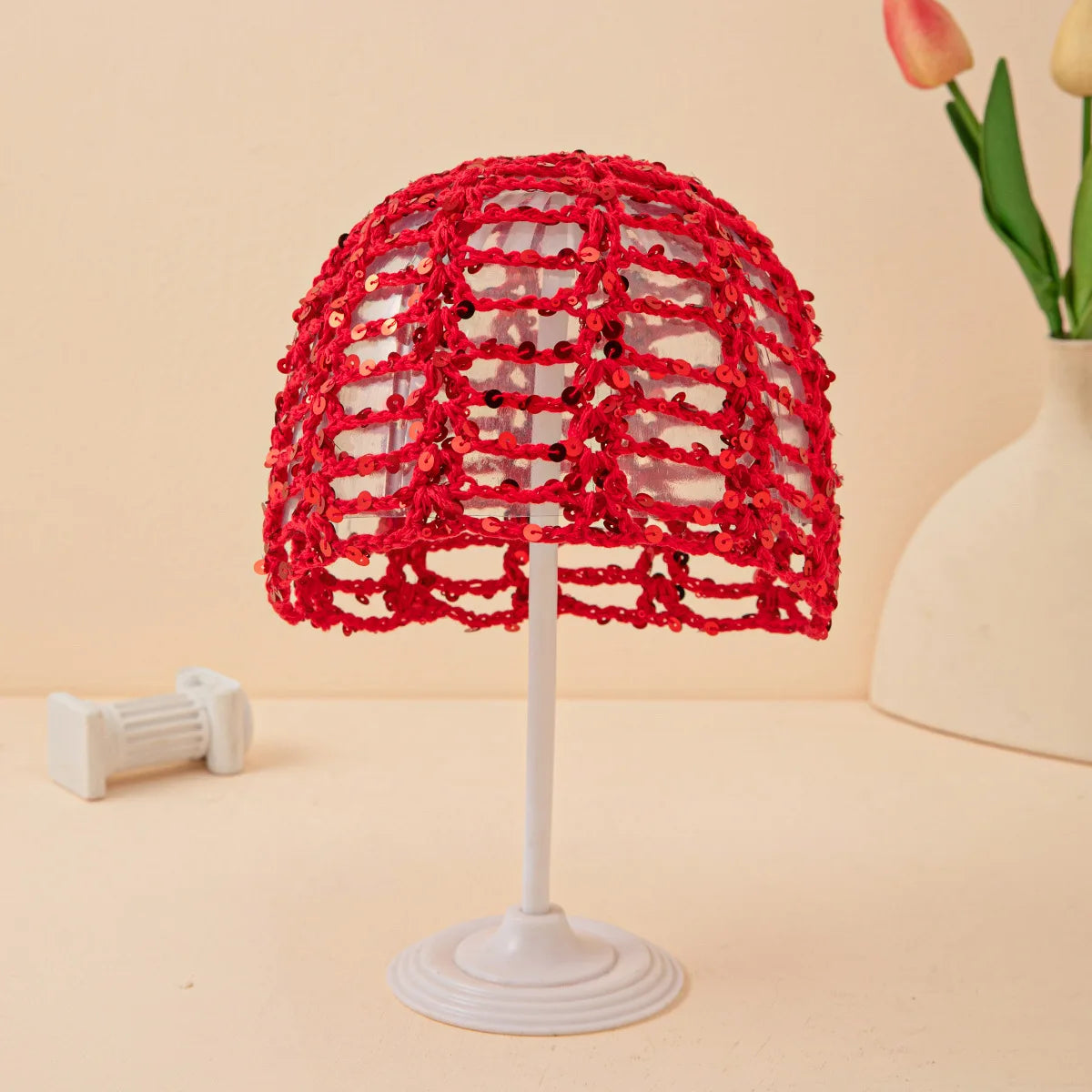 2026 New Korean Version Y2K Sequined Hollow Pullover Hat Women Summer Fishnet Knitted Hood Shiny Beanie Seaside Crochet Hat