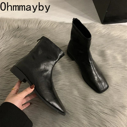 2026 Spring Autumn Women Modern Ankle Boots Fashion Square Toe Short Booties Ladies Casual Low Heel Shoes