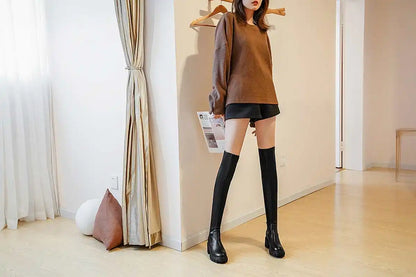 Krazing Pot Big Size Cow Leather Stretch Over-the-knee Boots Platform Round Toe High Heels Winter Women Warm Thigh High Boots