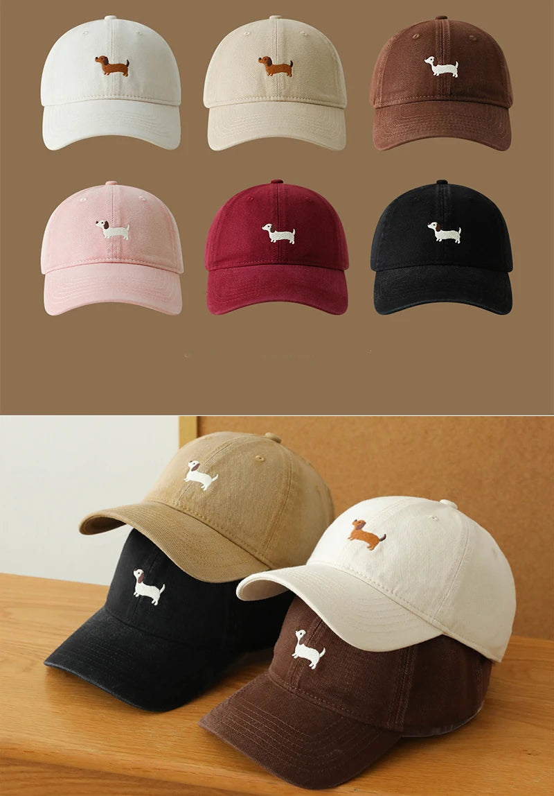 New Embroidered Dachshund Washed Cotton Baseball Cap Fashion Women Adjustable Wide Brim Trucker Hat Outdoor Men Snapback Caps