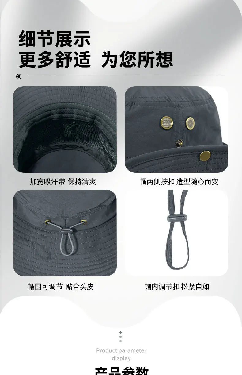 Wide Brim Waterproof Big Size 63-67cm Bucket Hats Men Summer UV Protection Sun Hat Foldable Chin Strap Hiking Cap Fishing Hat