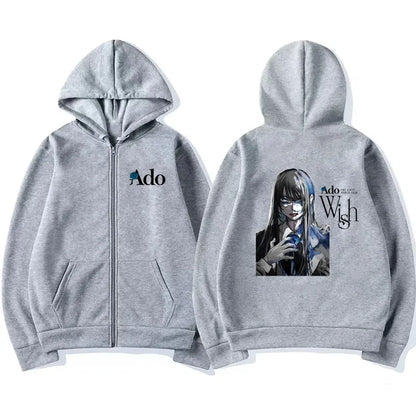 2025 Ado Graphic Printed Zipper Hoodies Autumn Winter Men Women Casual Fashion Harajuku Y2K Fleece Long Sleeve Zip-Up Hoodies