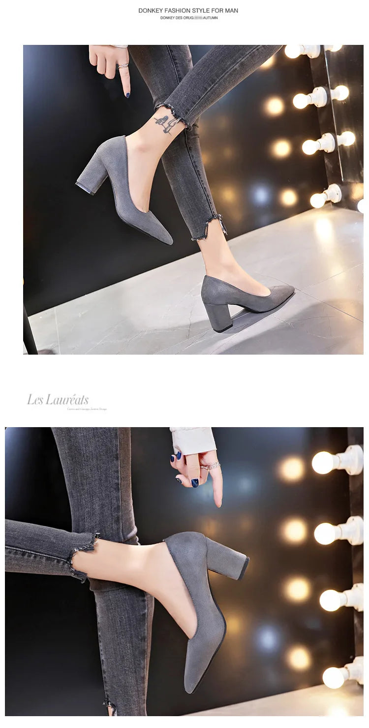 Autumn Shoes Woman Pumps Low Thick Heels Comfortable Women Work Shoes Flock Round Toe Casual Ladies Shoe sapato feminino WSH3183