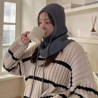 Knitted Soft Women Balaclava Hat Fashion Fake Collar Hooded Hat Neck Collar Warmer Beanies Cap Ear Protection Bonnet Hooded Caps