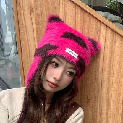 Winter Mink Velvet Fur Beanies for Women Men Cute Bear Ear Knitted Hat Crimped Straps Pullover Hat Hoody Balaclava Mom Gift