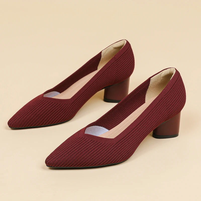 Women's high heels, pointed knit breathable and comfortable shoes (5cm high), new for autumn 2024