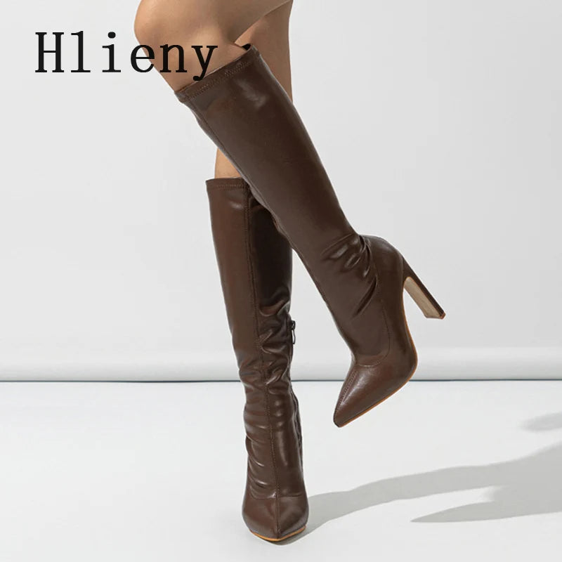 Hlieny Autumn Winter Women Knee-High Boots Fashion Pointed Toe High Heels Shoes Zipper Office Lady Long Botas De Mujer Size 42