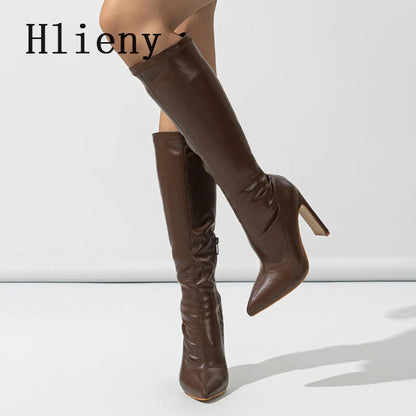 Hlieny Autumn Winter Women Knee-High Boots Fashion Pointed Toe High Heels Shoes Zipper Office Lady Long Botas De Mujer Size 42