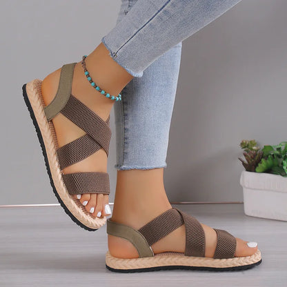 Fashion Women's Trend Anti-Slip Wear Comfortable Matching Color Sole Pure Black Shoelace Flat Sandals