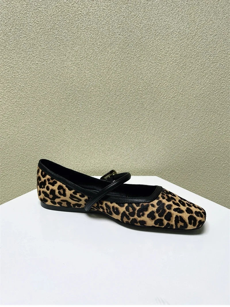 Designer Spring Autumn Women Leopard Shoes Fashion Shallow Buckle Ladies Flats Shoes Square Toe Women's Mary Jane Shoes
