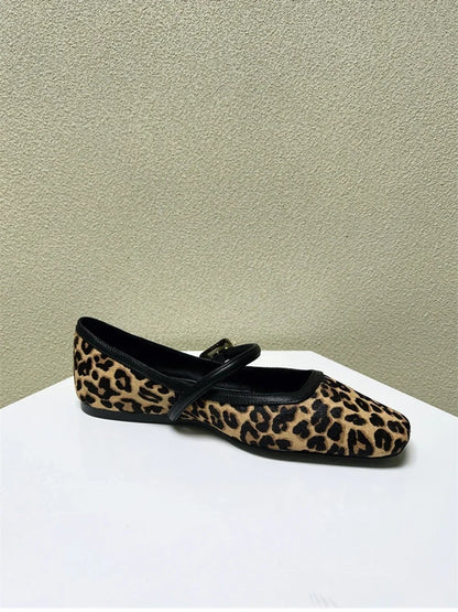 Designer Spring Autumn Women Leopard Shoes Fashion Shallow Buckle Ladies Flats Shoes Square Toe Women's Mary Jane Shoes