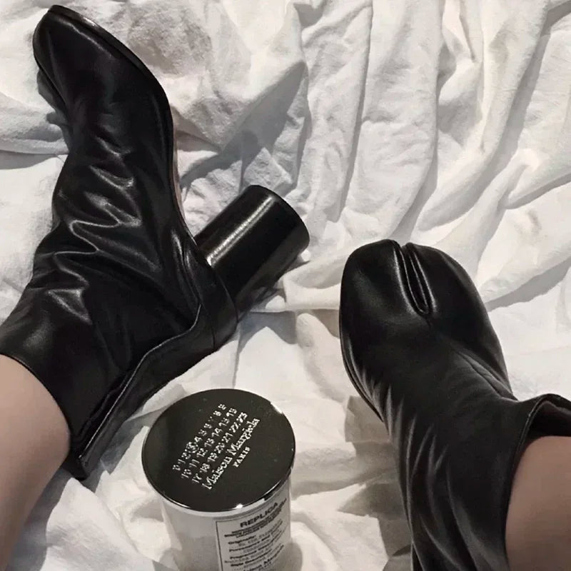 Luxury Brand Design Leather Tabi Boots Fashion Round Chunky High Heel Ankle Boots For Women Autumn Winter Split Toe Shoes