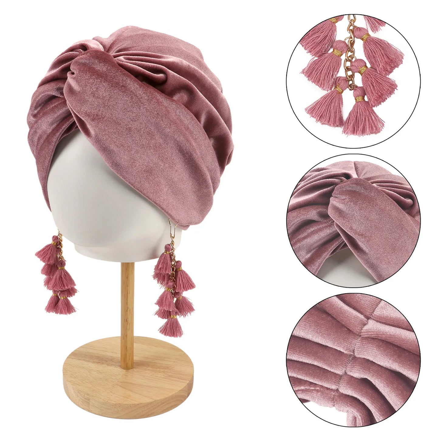 New Muslim Women Velvet Tassel Turban Hat Soft Stretch Bohemian Cross Pullover Bandana Headband Beanie Cap Islamic Head Wrap
