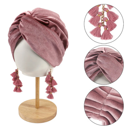 New Muslim Women Velvet Tassel Turban Hat Soft Stretch Bohemian Cross Pullover Bandana Headband Beanie Cap Islamic Head Wrap