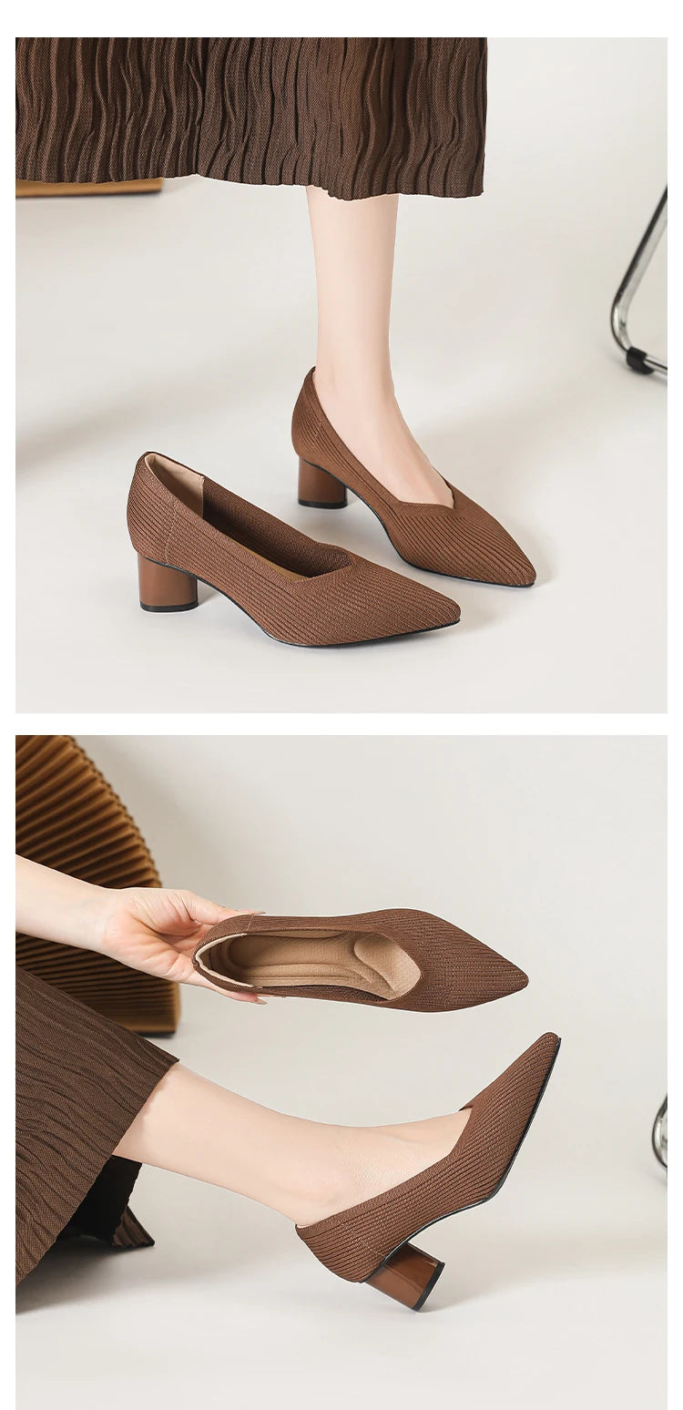 Women's high heels, pointed knit breathable and comfortable shoes (5cm high), new for autumn 2024