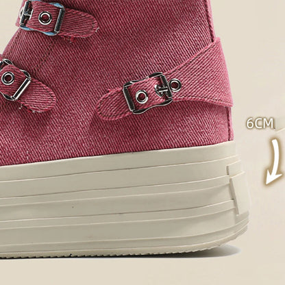 2024 Spring and Autumn New Thick soled Short tube Canvas Boots French Casual Breathable Buckle Fashion Women's Single Shoes