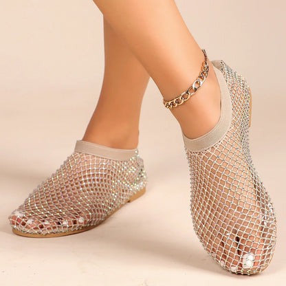 New Women's Luxury Brand Round Toe Flat Bottom Sandals Summer Hollow Short Boots Water Diamond Sexy Flat Bottom Shoes Sandals