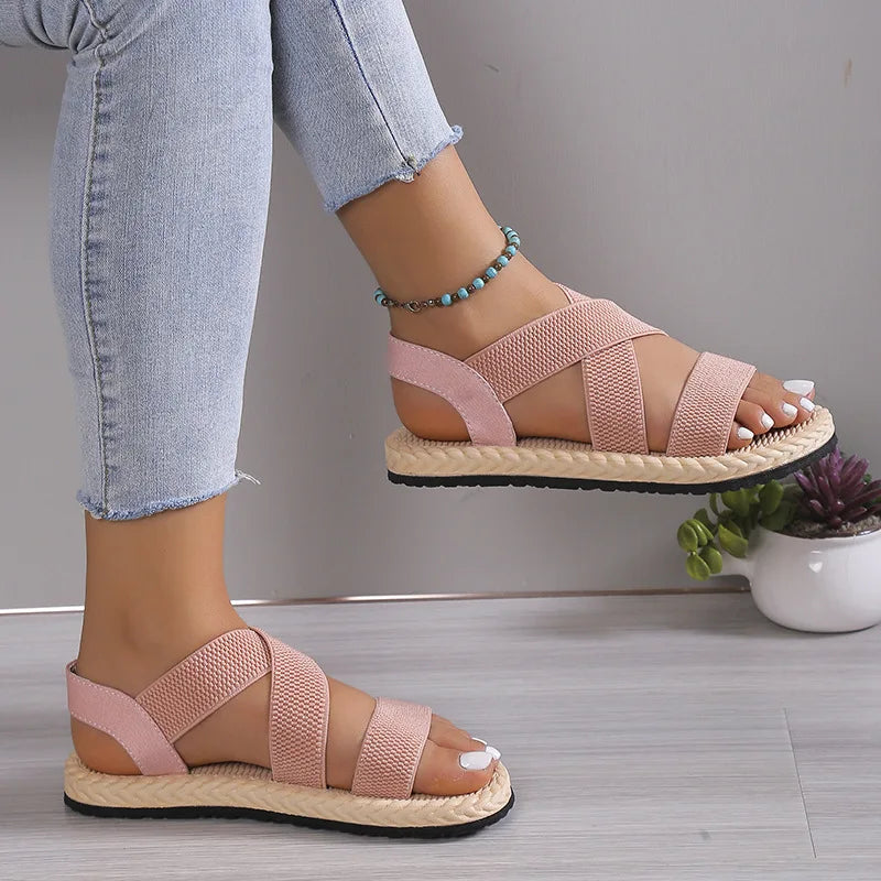 Fashion Women's Trend Anti-Slip Wear Comfortable Matching Color Sole Pure Black Shoelace Flat Sandals
