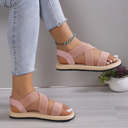 Fashion Women's Trend Anti-Slip Wear Comfortable Matching Color Sole Pure Black Shoelace Flat Sandals