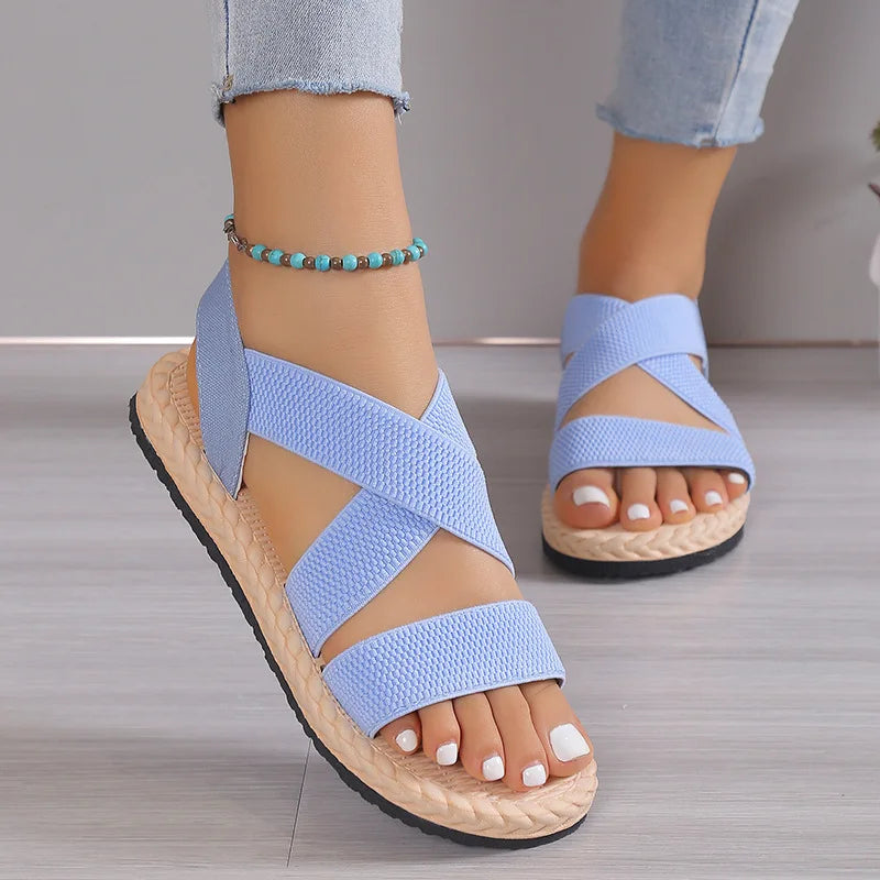 Fashion Women's Trend Anti-Slip Wear Comfortable Matching Color Sole Pure Black Shoelace Flat Sandals
