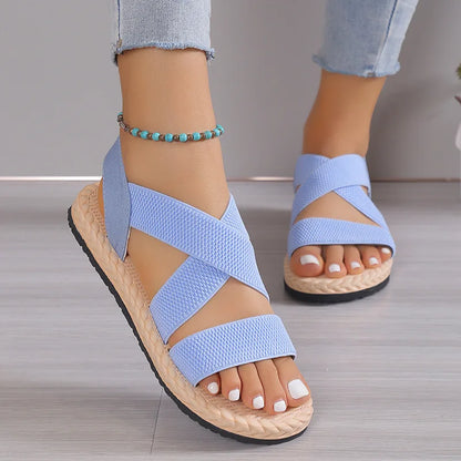Fashion Women's Trend Anti-Slip Wear Comfortable Matching Color Sole Pure Black Shoelace Flat Sandals