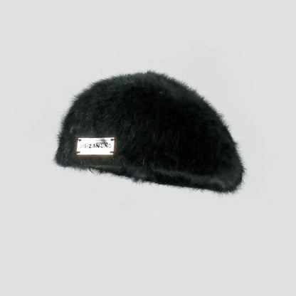 Women Reversible Rabbit Fur Beret Winter Warm Double Sided Knit Hat Retro Painter Cap for Oval Round Face