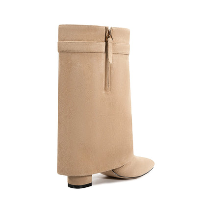 Autumn Winter New Pointed Metal Buckle Knee High Women's Boots, Thick High-heeled Pants Boots, Fashionable Mid Leg Boots