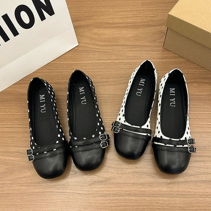 Polka Dot Women Ballet Flats Comfortable Round Toe Slip On Shoes 2026 New Spring Autumn Vintage Ladies Dress Mary Jane Shoes