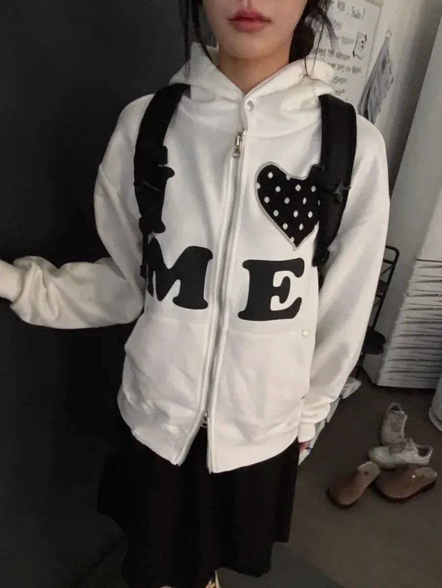 Light Colour Vintage Patch Double Zip Up Cardigan for Women Harajuku Design Korean Style Letter Jacket Aesthetic Hoodies