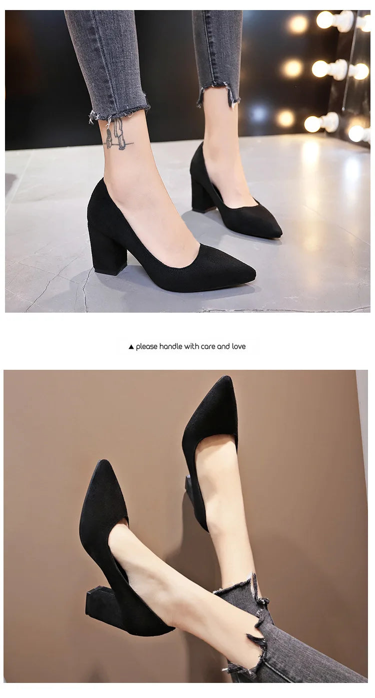 Autumn Shoes Woman Pumps Low Thick Heels Comfortable Women Work Shoes Flock Round Toe Casual Ladies Shoe sapato feminino WSH3183