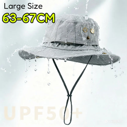 Wide Brim Waterproof Big Size 63-67cm Bucket Hats Men Summer UV Protection Sun Hat Foldable Chin Strap Hiking Cap Fishing Hat
