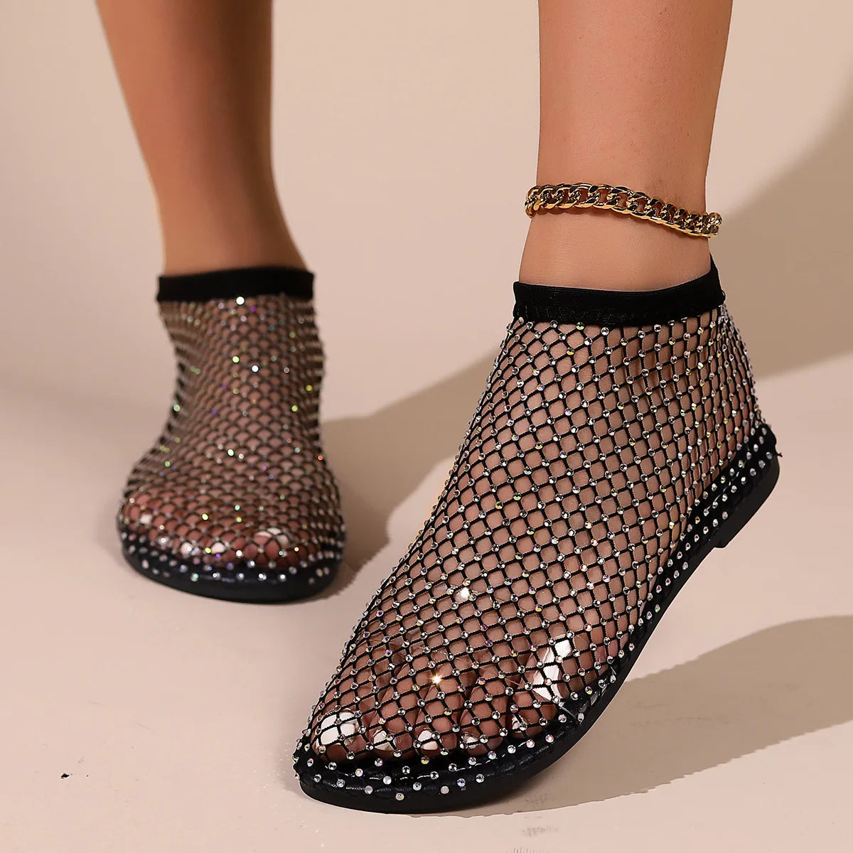 New Women's Luxury Brand Round Toe Flat Bottom Sandals Summer Hollow Short Boots Water Diamond Sexy Flat Bottom Shoes Sandals