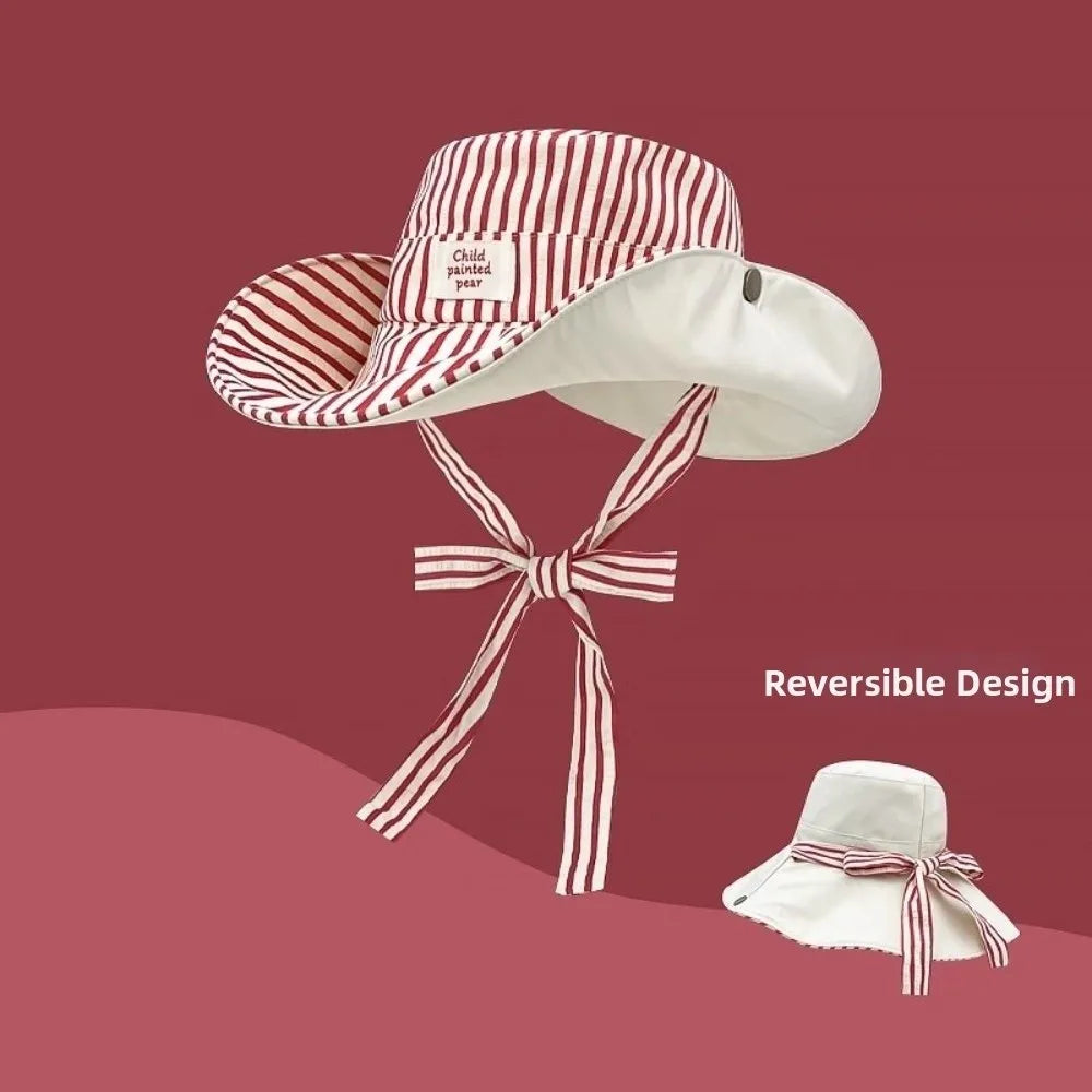 Retro Wide Brim Reversible Bucket Hat UV Protection Breathable Striped Sun Hat Windproof Foldable Fishmen Hat Vacation