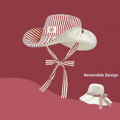 Retro Wide Brim Reversible Bucket Hat UV Protection Breathable Striped Sun Hat Windproof Foldable Fishmen Hat Vacation