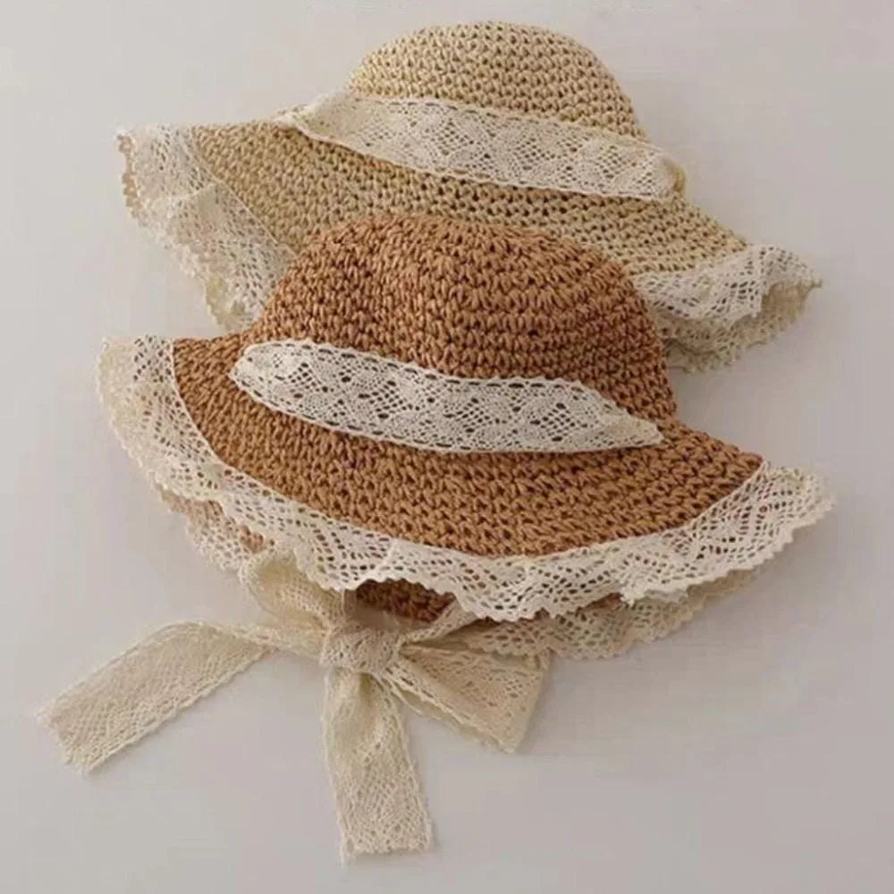 Fashion Lace Baby Hat Summer Straw Bow Baby Girl Cap Beach Children Panama Hat Princess Baby Hats and Caps for Kids 1PC