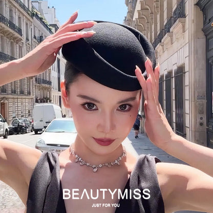 Hepburn Style Black Flat Top Berets Hat Women's French High-end Aviation Stewardess Hat Retro Republic of China Beret