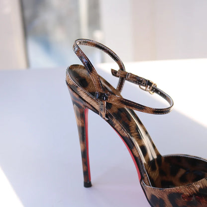 Red Background Leopard Print High-heeled Sandals with A Straight Buckle Thin Heel Pointed Toe Fashionable and Sexy Big Size 12CM
