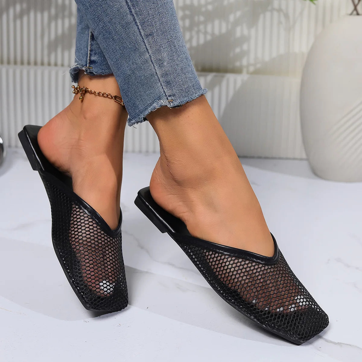 Summer Women Slippers Sexy Mesh Mules Indoor Home Slides Square Toe Female Flats Shoes Outdoor Clogs Beach Sandals Flip Flops