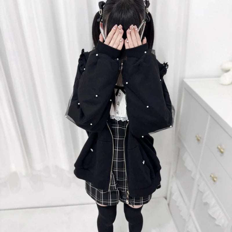 Japanese Pearl Gauze Patchwork Coats Women Y2k Aesthetic Lace Rabbit's Ears Jackets Casual Oversized Harajuku Kawaii Hoodies Top