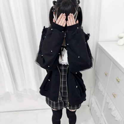 Japanese Pearl Gauze Patchwork Coats Women Y2k Aesthetic Lace Rabbit's Ears Jackets Casual Oversized Harajuku Kawaii Hoodies Top