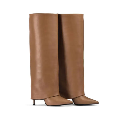 Autumn and Winter New Women's Knee High Leather Boots, Pointed Thin High-heeled Skirt Boots, Black Plus Size Long Boots